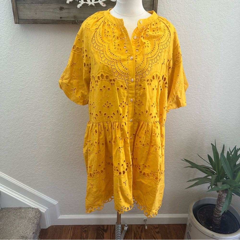 Anthropologie‎ Yellow Eyelet Cotton Dress Lady Large Petite NWT